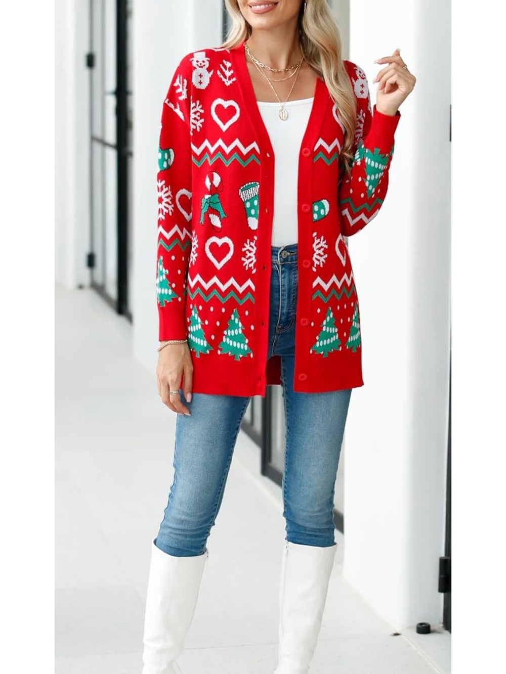 Red Holiday Cardigan Sweater - Festive Knit for Women